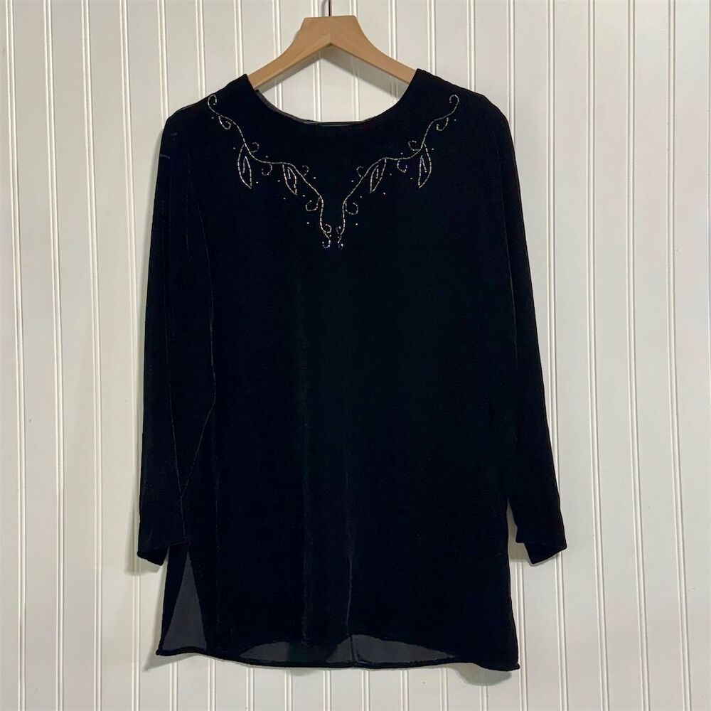 Vintage‎ Carole Little Black Silk Velvet Tunic Top 6 Beaded Neck Whimsigoth 90s